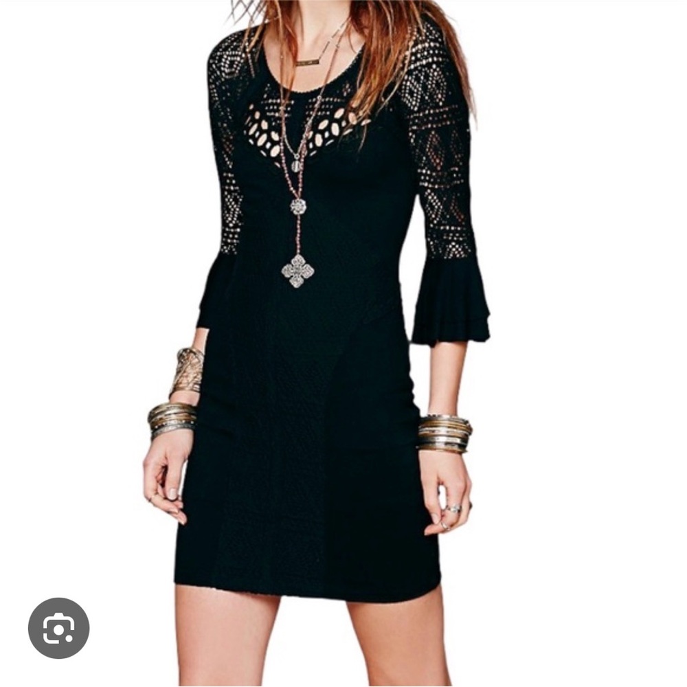 Free People Black Bodycon Crochet-Sleeve Mini Dress